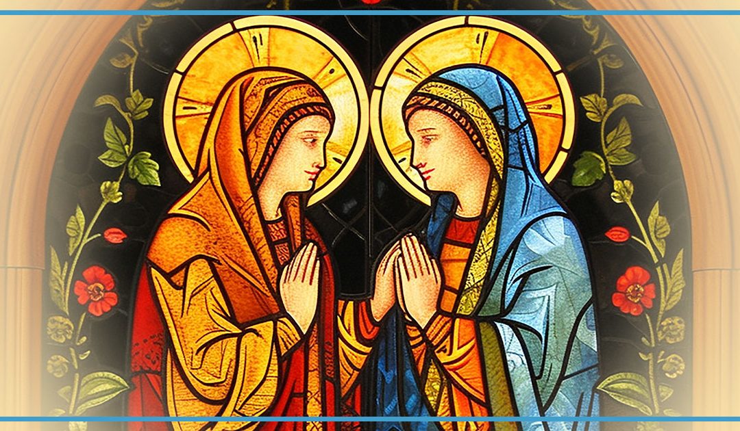 Stained glass depiction of the Visitation with Mary and Elizabeth.